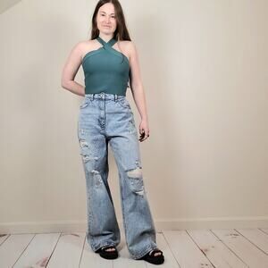 Sincerely Jules Criss Cross Halter Crop Top Teal Large